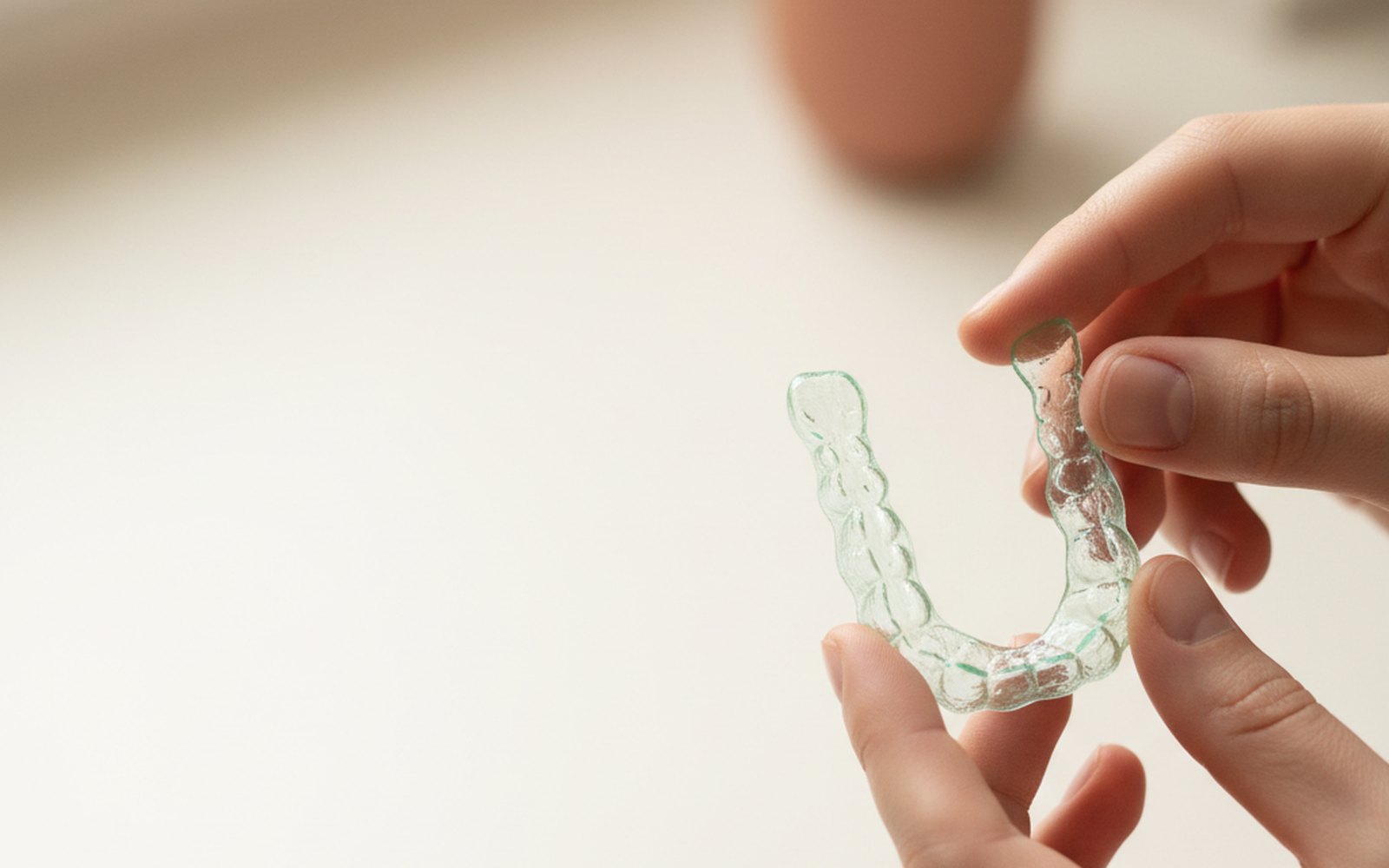 Hands holding a clear orthodontic aligner
